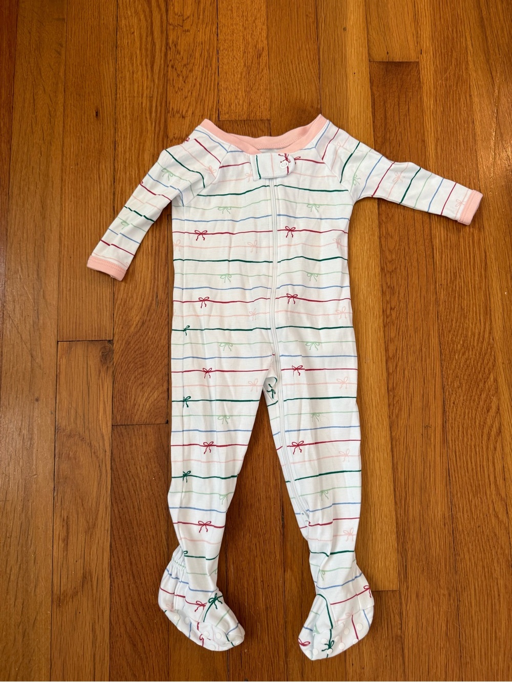 LAKE Bow and Pink Trim White Striped Footed One-Piece for Kids